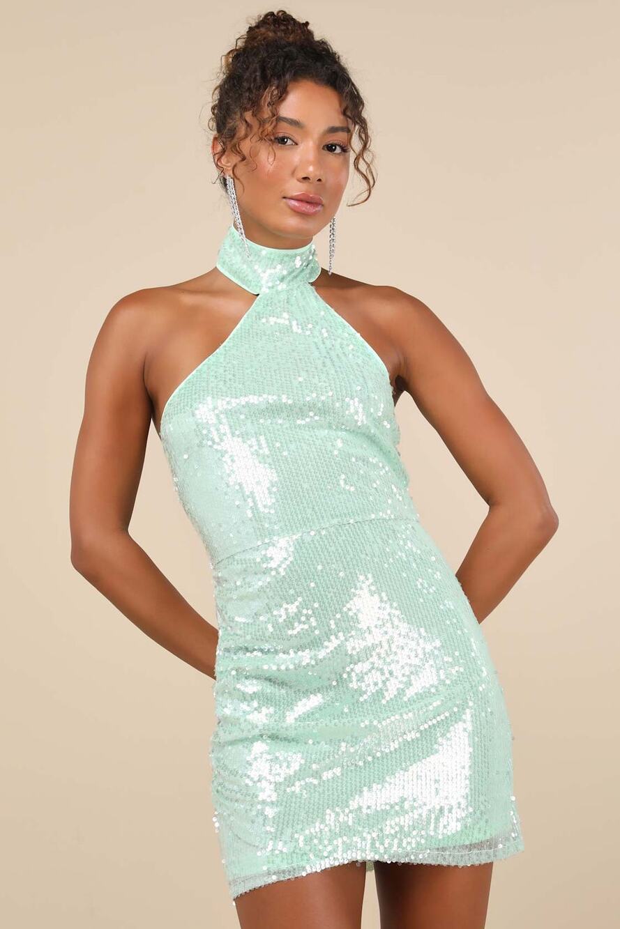 Lulus Sensational Purpose Mini Dress Womens XS Mint Sequin Halter NWT